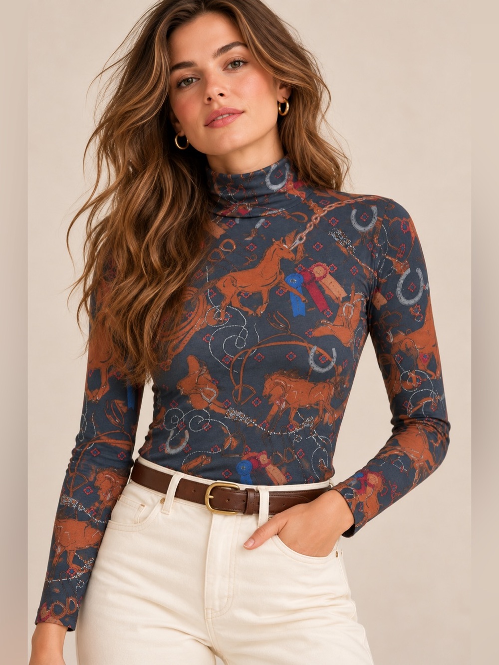 Anthropologie Adventurer Horse Mock Neck Top S Equestrian Western Rodeo Print